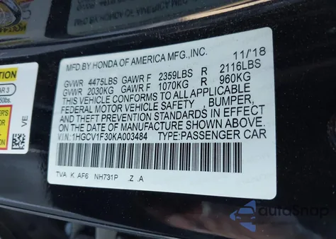 2019 Honda Accord Sport from USA, damaged, VIN 1HGCV1F30KA003484
